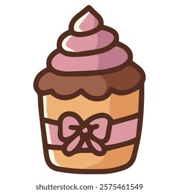 Hand-drawn illustration of a pink frosted cupcake with a bow, ideal for bakery logos, party invitations, and dessert-themed designs