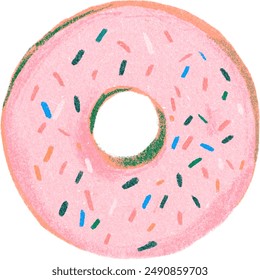 Hand-drawn illustration of a pink frosted donut with colorful sprinkles. Perfect for dessert menus, food blogs, and confectionery designs