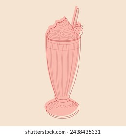 A hand-drawn illustration of a pink milkshake drink with a straw placed in it. The artwork showcases a vibrant and colorful depiction of the beverage