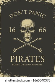 Handgezeichnete Illustration mit Piratenschädel, Kreuzen und Inschriften auf schwarzem Hintergrund im Vintage-Stil. Vektorillustration Banner zum Thema Piratenreise, Abenteuer und Entdeckung. Jolly Roger