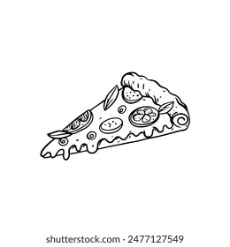 Hand-drawn illustration of a pizza slice with cheese, crust, and toppings, perfect for culinary projects