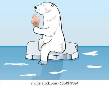 Hand-drawn illustration of a polar bear sitting on a piece of iceberg eating ice cream to escape heat. Character drawing in comic style. Use for global warming and environmental protection themes.