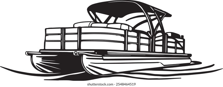 Hand-drawn illustration of a pontoon boat, ideal for nautical-themed designs, marine adventures, or outdoor recreation projects.