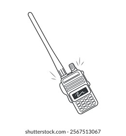 Hand-drawn illustration of a portable two-way radio with an antenna. Perfect for communication, emergency, outdoor adventure, and technology themes. Vector format, isolated on white background.