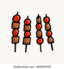 
A hand-drawn illustration portraying grilled chicken satay with cherry tomatoes, showcasing the essence of traditional Asian cuisine through vibrant visuals and culinary artistry.