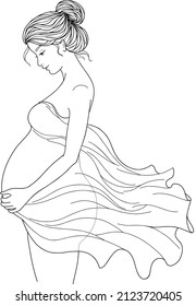 Hand-drawn illustration of pregnant woman profile. Black and white images on white background.