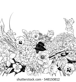 hand-drawn illustration primroses.Background spring with spring flowers, lilacs, pansies, anemones, snowdrops, daffodils. Vector illustration.Book coloring