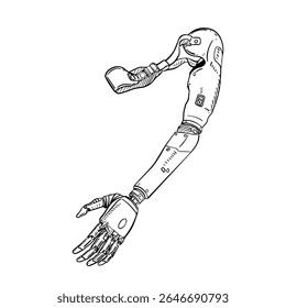 hand-drawn illustration of a prosthetic arm, showcasing advanced design. This image is perfect for themes of bionics, technology, disability, rehabilitation, black and white line art style.