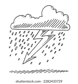 Hand-drawn illustration of a rain cloud with a jagged lightning bolt and raindrops falling, conveying stormy weather. Sketch style, simple lines.