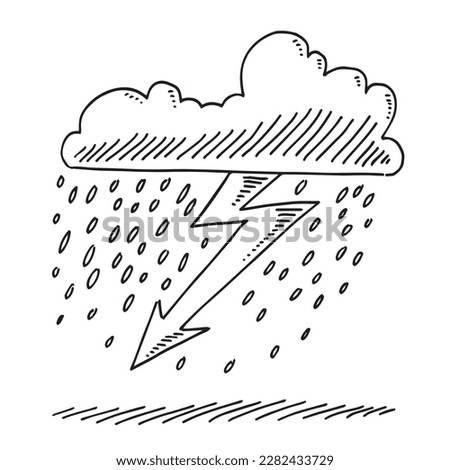 Hand-drawn illustration of a rain cloud with a jagged lightning bolt and raindrops falling, conveying stormy weather. Sketch style, simple lines.