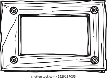 hand-drawn illustration of a rectangular frame with four circles in each corner suggesting it's a picture frame or a window. The lines are thick and bold giving the image a rough and textured look.