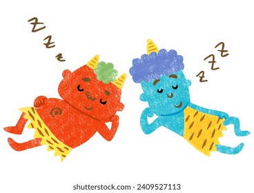 Hand-drawn illustration of a red devil and a blue devil sleeping together