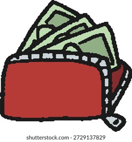 Hand-drawn illustration of red wallet with banknotes
