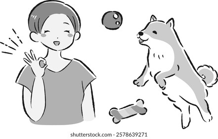 A hand-drawn illustration of a relaxed and cute playing dog. A rough and stylish impression. Vector illustration.
