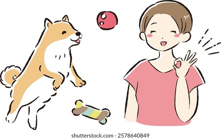 A hand-drawn illustration of a relaxed and cute playing dog. A rough and stylish impression. Vector illustration.