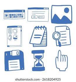 Handdrawn illustration retro PC computer Interface and icon