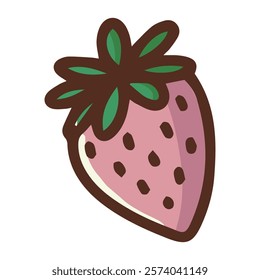 Hand-drawn illustration of a ripe strawberry with seeds and a green leaf, perfect for fruit-themed designs, healthy food promotions, and summer projects