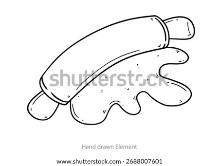 A hand-drawn illustration of a rolling pin resting on a blob of dough, depicted in black and white.