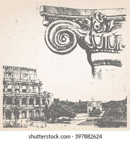 Hand-drawn illustration of Rome. Coliseum. Vector