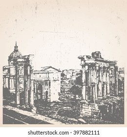 Hand-drawn illustration of Rome. Roman Forum. Italy. Vector