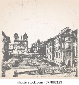 Hand-drawn illustration of Rome. Spanish Steps. Italy. Vector
