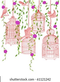 Hand-drawn illustration of a rose garden filled with free birds and ornate cages