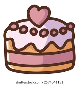 Hand-drawn illustration of a round cake with heart decorations, ideal for Valentine's Day cards, romantic events, and love-themed designs