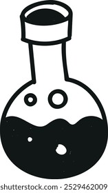 Ilustración dibujada a mano de un frasco de fondo redondo lleno de líquido, con burbujas y un cuello estrecho.