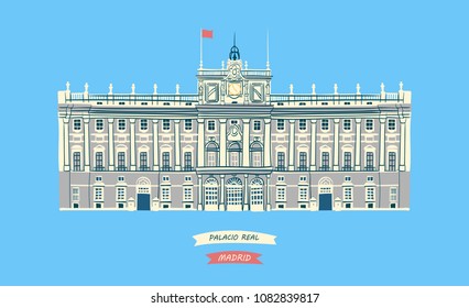 Hand-drawn illustration of the Royal Palace (Palacio Real) located in central Madrid, Spain