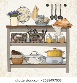 Hand-drawn illustration of a rustic kitchen shelf with baskets, dishes, glass jars with cereals, a loaf of bread, kitchen utensils and a bouquet of lavender on a vintage background.