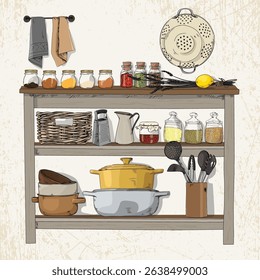 Hand-drawn illustration of a rustic kitchen shelf with baskets, dishes, glass jars, lemon and kitchen utensils on a vintage background.