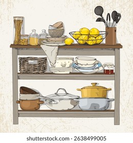 Hand-drawn illustration of a rustic kitchen shelf with baskets, dishes, glass jars, lemon and kitchen utensils on a vintage background.