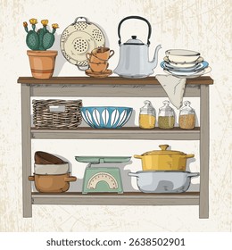 A hand-drawn illustration of a rustic kitchen shelf with baskets, dishes, glass jars, pots and cooking utensils on a vintage background.