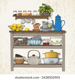 A hand-drawn illustration of a rustic kitchen shelf with baskets, dishes, glass jars, pots and cooking utensils on a vintage background.