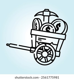 A hand-drawn illustration of a rustic wooden cart brimming with gold coins and a pickaxe, symbolizing wealth and mining.