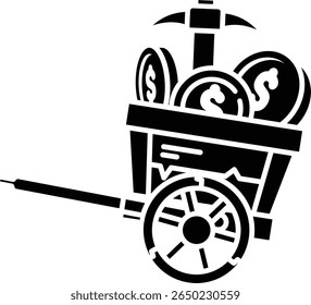 A hand-drawn illustration of a rustic wooden cart brimming with gold coins and a pickaxe, symbolizing wealth and mining vector icon solid style.