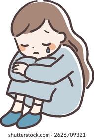 Ilustração desenhada à mão de uma mulher triste sentada de joelhos para cima, chorando e sentindo-se deprimida