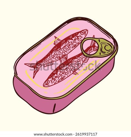 Hand-drawn illustration of sardines inside a closed pink tin can with lid. A vibrant pop art image perfect for packaging, branding, or culinary design projects.