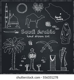 Handdrawn Illustration of Saudi Arabia Landmarks and icons with country English  Arabic Modern doodle sketch vector 