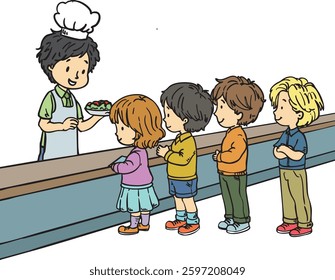 Hand-drawn illustration of a school cafeteria scene where a chef serves food to children, promoting healthy eating and social interaction. Ideal for educational resources and parenting content.