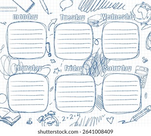 Hand-drawn illustration of the school schedule for the week in Russian, made in the style of a doodle with a blue pen on checkered paper.