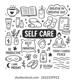 Hand-Drawn Illustration of Self Care Collection
 - Set of Doodle Art for Mental Health