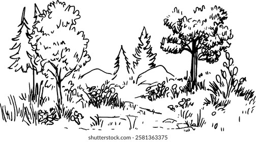A hand-drawn illustration of a serene landscape featuring trees, bushes, and rocky hills. The scene is outlined with detailed foliage and a natural setting.