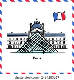 Hand-drawn illustration series of symbols of Paris, Louvre Museum