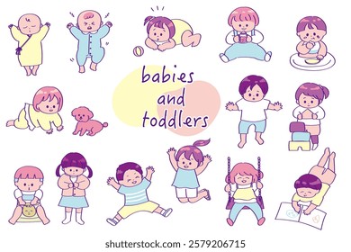 Hand-drawn illustration set of babies and toddlers - pop color