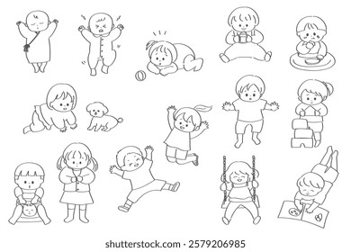 Hand-drawn illustration set of babies and toddlers - line-drawing