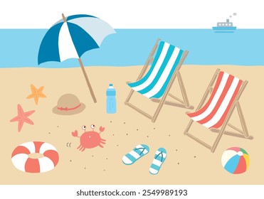 Hand-drawn illustration set of beach chairs, umbrellas, and accessories