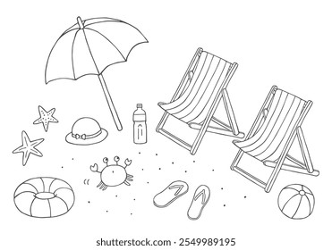 Hand-drawn illustration set of beach chairs, umbrellas, and accessories