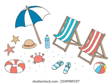 Hand-drawn illustration set of beach chairs, umbrellas, and accessories