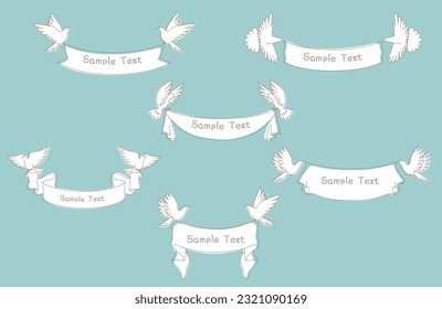 Hand-drawn illustration set of birds and tape ribbon frames and banners.
